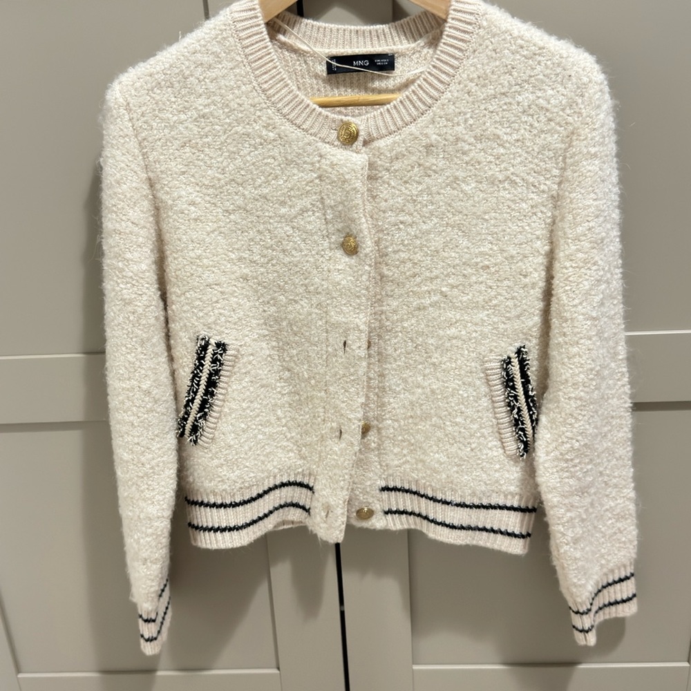 NWOT Mango Tweed Gold Button Varsity Cardigan Size Small